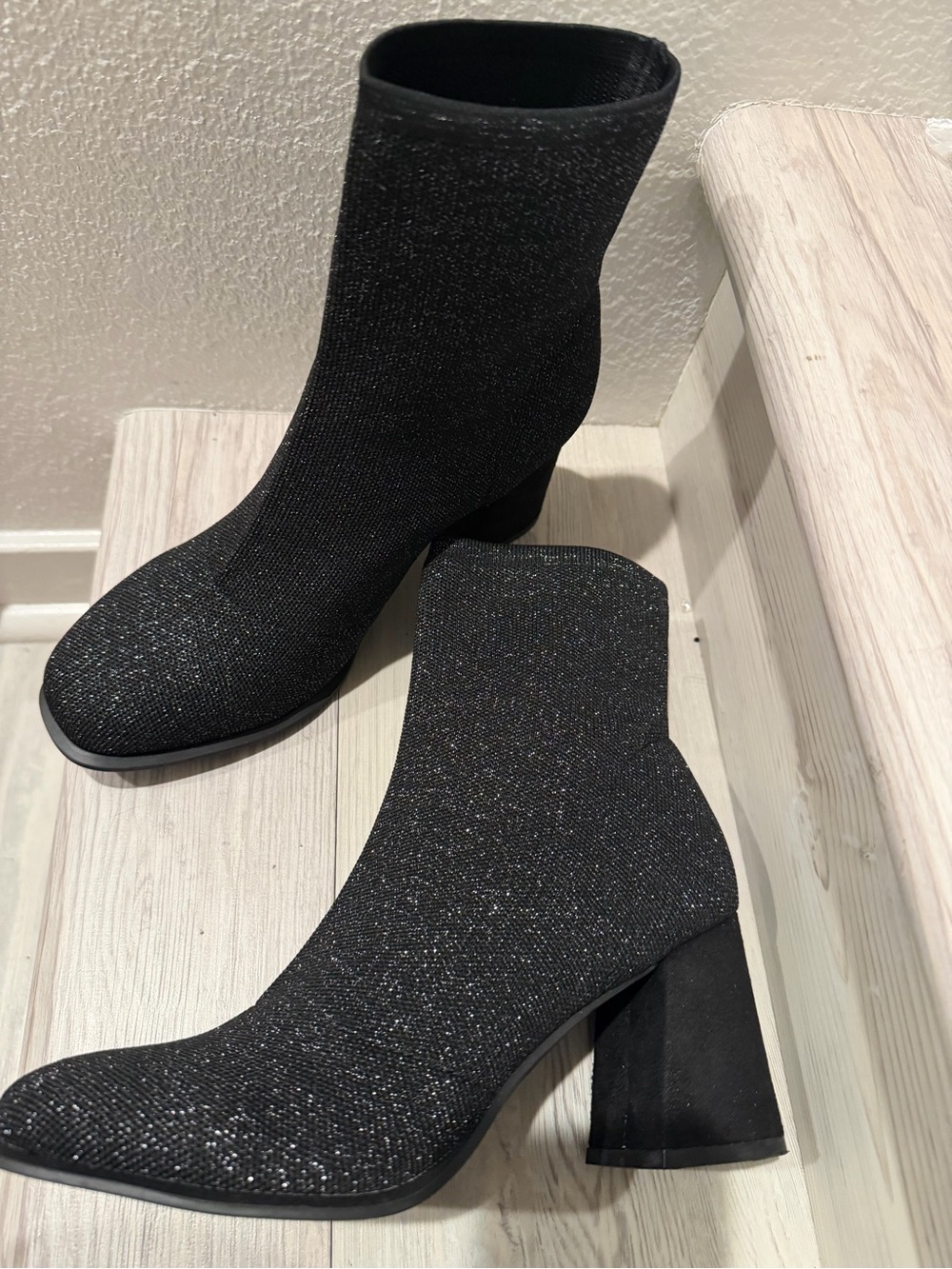 Mia Black Sparkle Stretch-Knit Ankle Boots